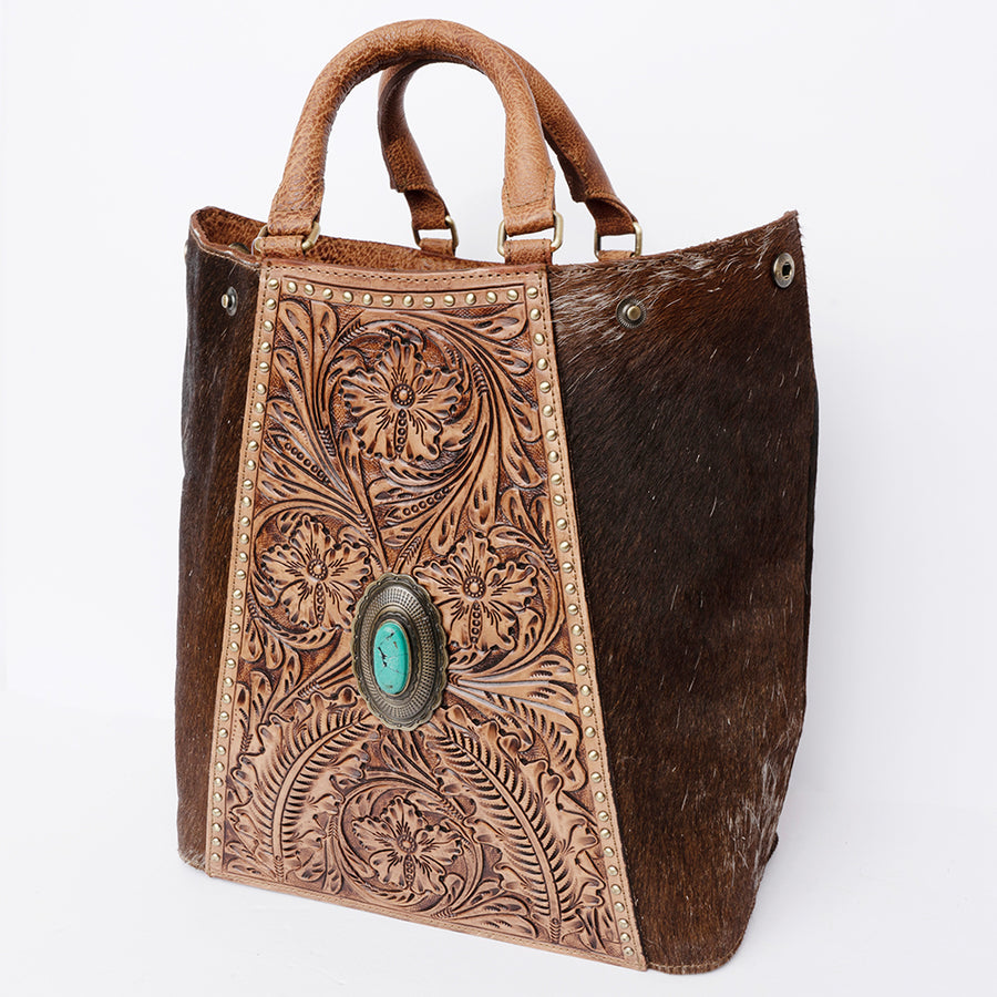 American Darling Western Hand-Tooled Floral Tote Bag with Turquoise Stone - Uhorse