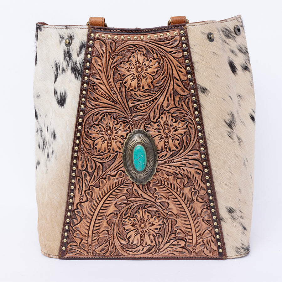 American Darling Tote Bag, Hand-Tooled Floral Western Leather Purse with Turquoise Stone, 12in (H) X 6.5in (W) X 12in (D)