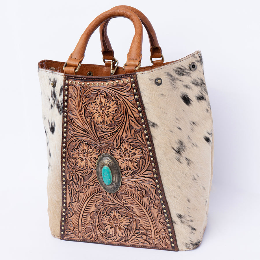 American Darling Western Hand-Tooled Floral Tote Bag with Turquoise Stone - Uhorse