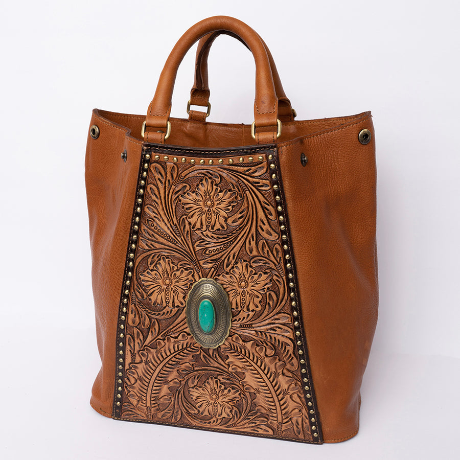 American Darling Western Hand-Tooled Floral Tote Bag with Turquoise Stone - Uhorse