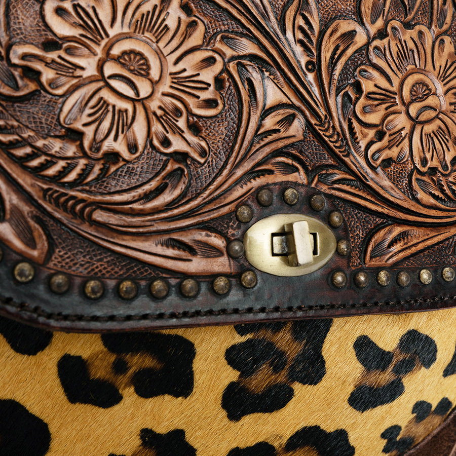 American Darling Cross body Bag, Hand-Tooled Floral Western Leather Purse, Hair-On Cowhide, 9in (H) X 3in (W) X 10in (D)
