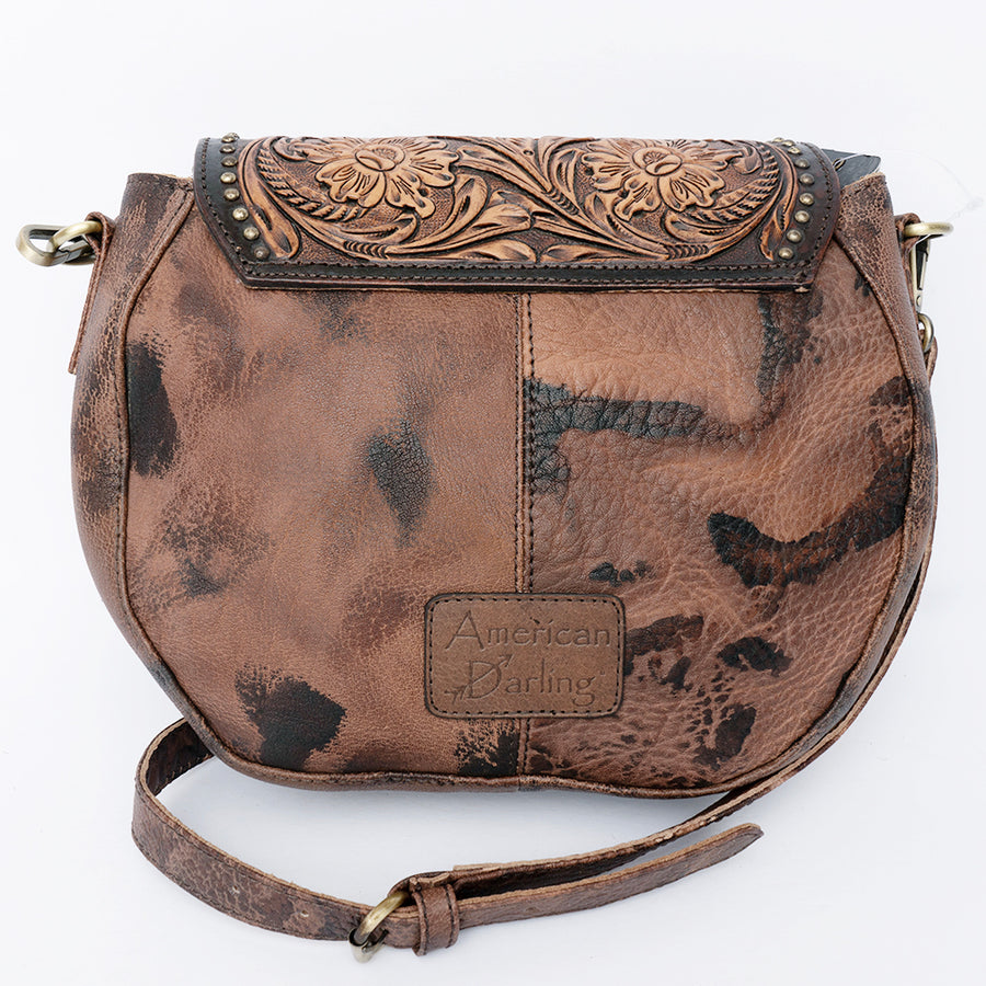 American Darling Cross body Bag, Hand-Tooled Floral Western Leather Purse, Hair-On Cowhide, 9in (H) X 3in (W) X 10in (D)