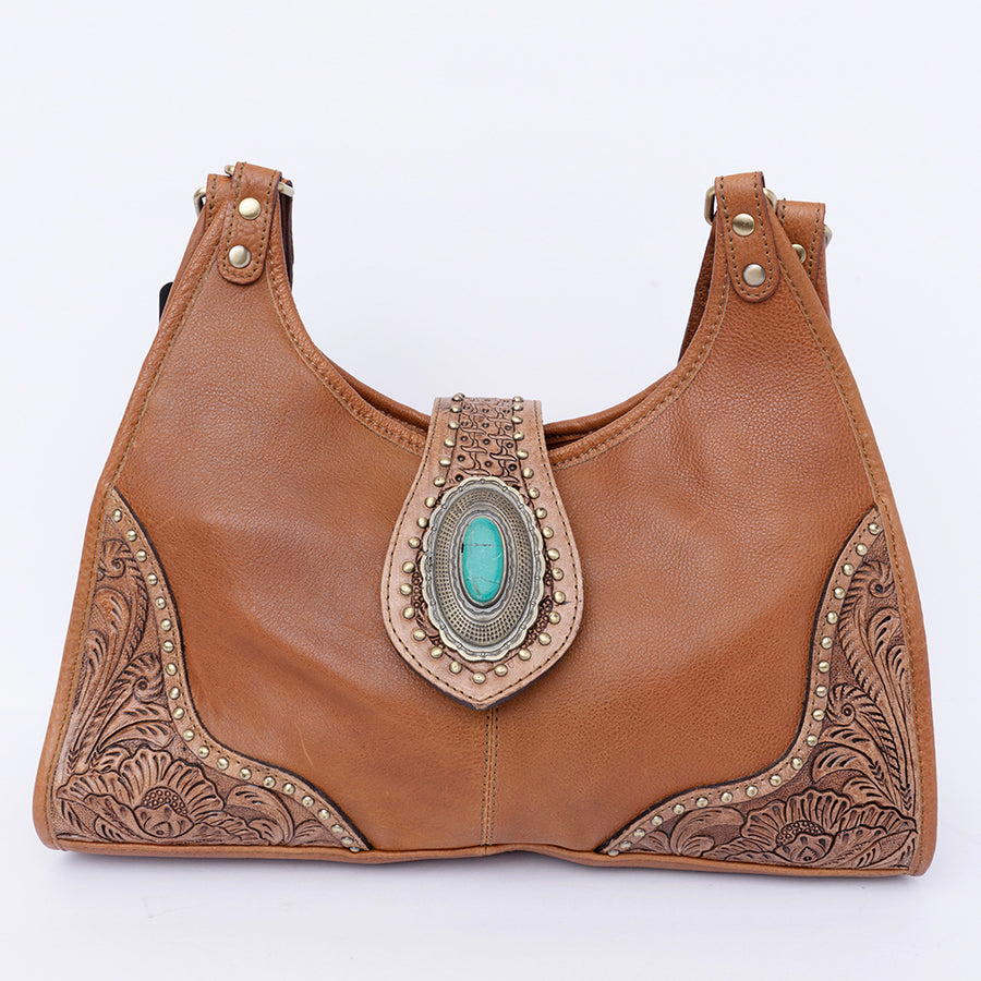 American Darling Hobo Bag, Hand-Tooled Floral Western Leather Purse with Turquoise Stone, 8in (H) X 5in (W) X 13in (D)