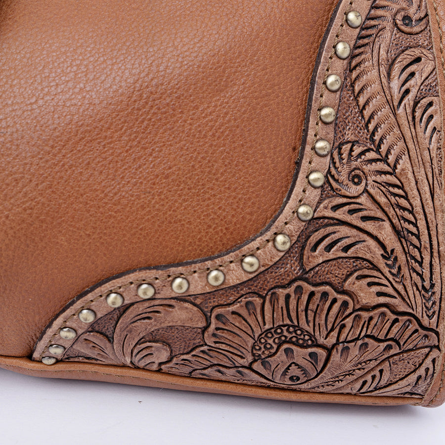American Darling Hobo Bag, Hand-Tooled Floral Western Leather Purse with Turquoise Stone, 8in (H) X 5in (W) X 13in (D)