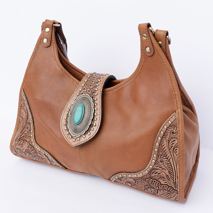 American Darling Western Hand-Tooled Hobo Bag - Genuine Leather Purse with Turquoise - Uhorse
