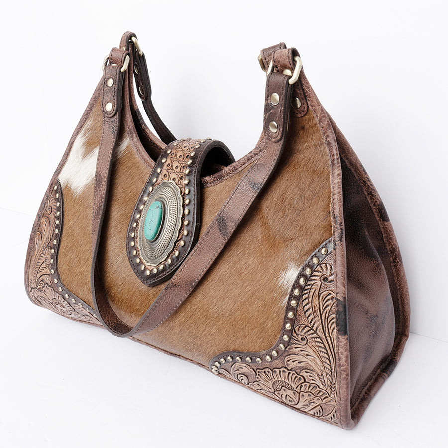 American Darling Hobo Bag, Hand-Tooled Floral Western Leather Purse with Turquoise Stone, 8in (H) X 5in (W) X 13in (D)