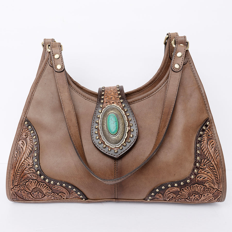 American Darling Hobo Bag, Hand-Tooled Floral Western Leather Purse with Turquoise Stone, 8in (H) X 5in (W) X 13in (D)