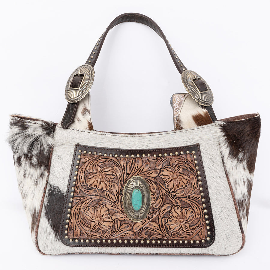 American Darling Hobo Bag, Hand-Tooled Floral Western Leather Purse, Hair-On Cowhide, Turquoise Stone, 8in (H) X 4.5in (W) X 13in (D)