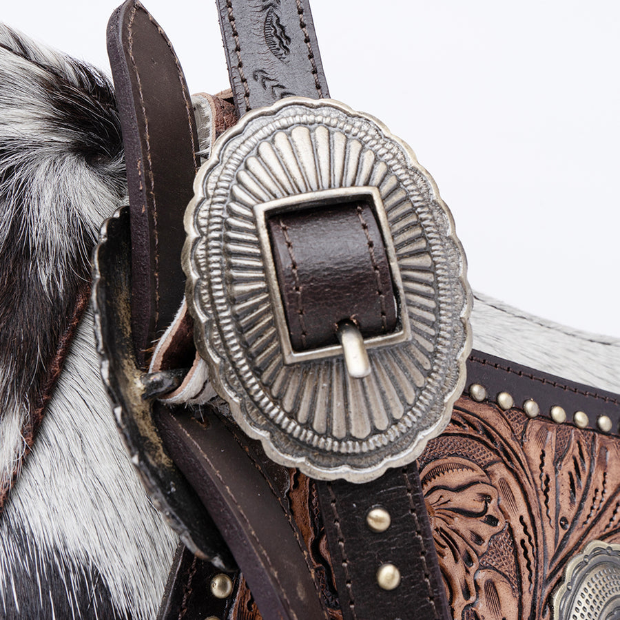 American Darling Hobo Bag, Hand-Tooled Floral Western Leather Purse, Hair-On Cowhide, Turquoise Stone, 8in (H) X 4.5in (W) X 13in (D)