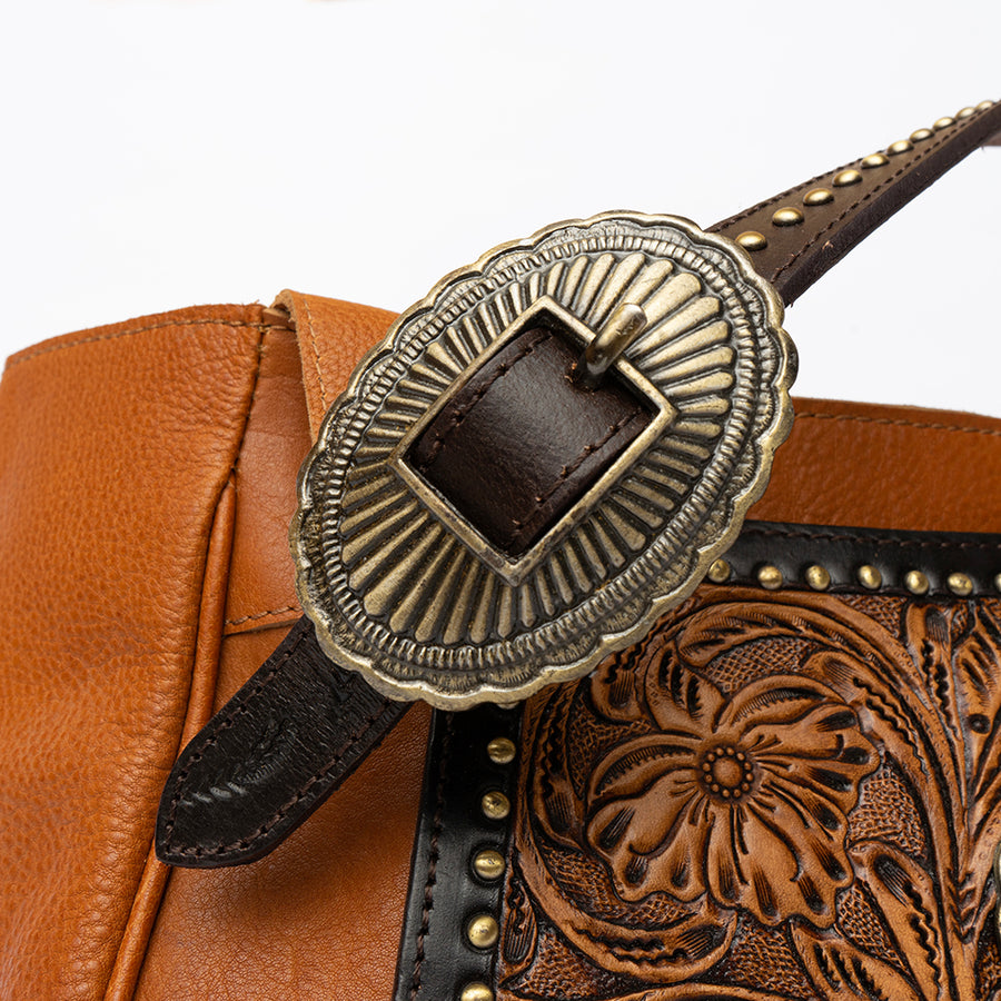 American Darling Hobo Bag, Hand-Tooled Floral Western Leather Purse, Hair-On Cowhide, Turquoise Stone, 8in (H) X 4.5in (W) X 13in (D)