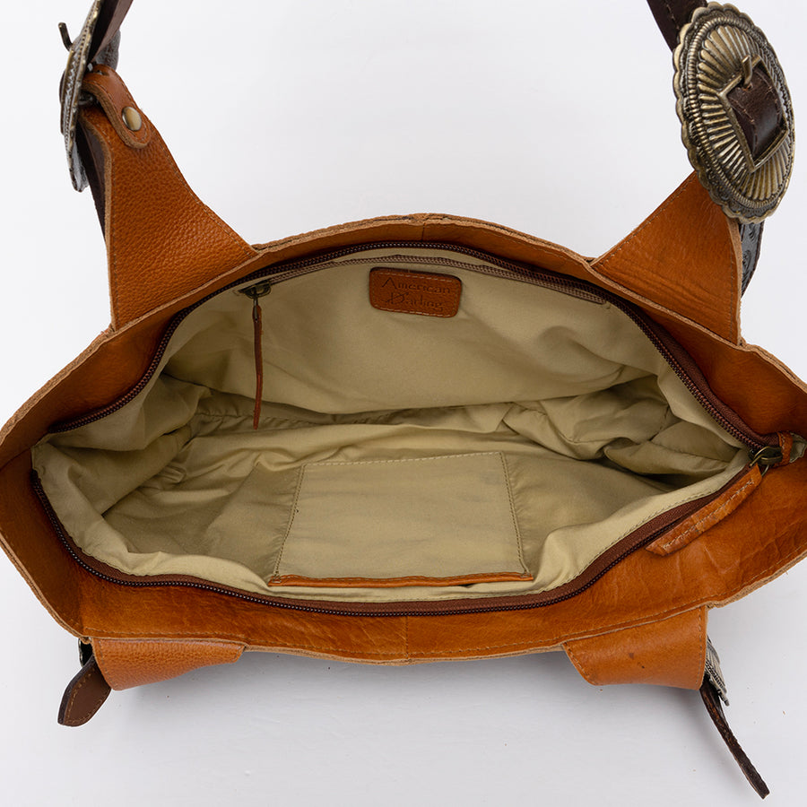 American Darling Hobo Bag, Hand-Tooled Floral Western Leather Purse, Hair-On Cowhide, Turquoise Stone, 8in (H) X 4.5in (W) X 13in (D)