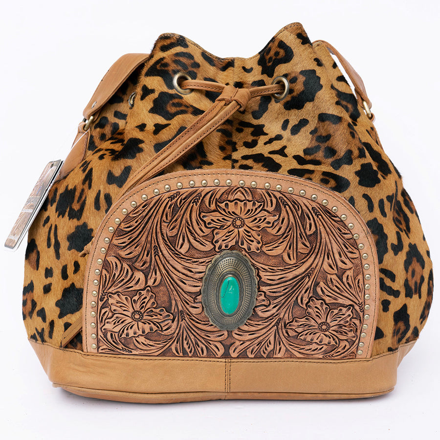 American Darling Bucket Bag, Hand-Tooled Floral Western Leather Purse, Hair-On Cowhide, Turquoise, 13in (H) X 5in (W) X 13in (D)