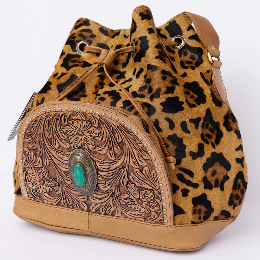 American Darling Western Hand-Tooled Floral Bucket Bag with Turquoise Stone and Cowhide - Uhorse