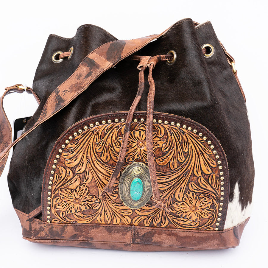 American Darling Bucket Bag, Hand-Tooled Floral Western Leather Purse, Hair-On Cowhide, Turquoise, 13in (H) X 5in (W) X 13in (D)