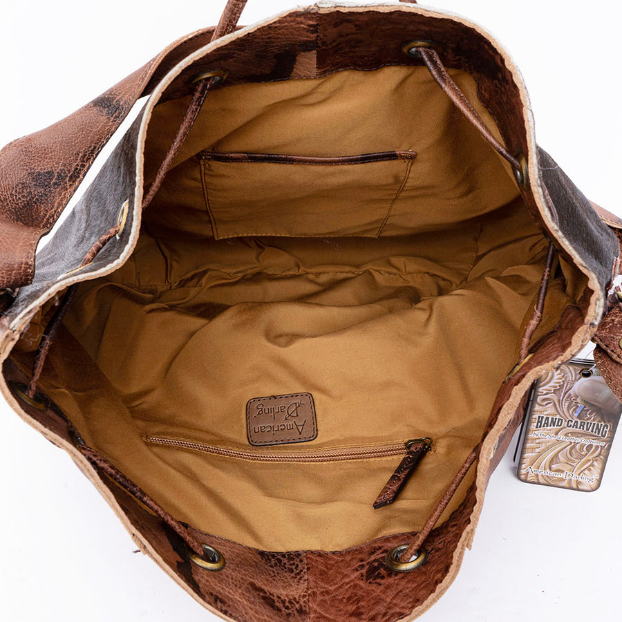 American Darling Bucket Bag, Hand-Tooled Floral Western Leather Purse, Hair-On Cowhide, Turquoise, 13in (H) X 5in (W) X 13in (D)