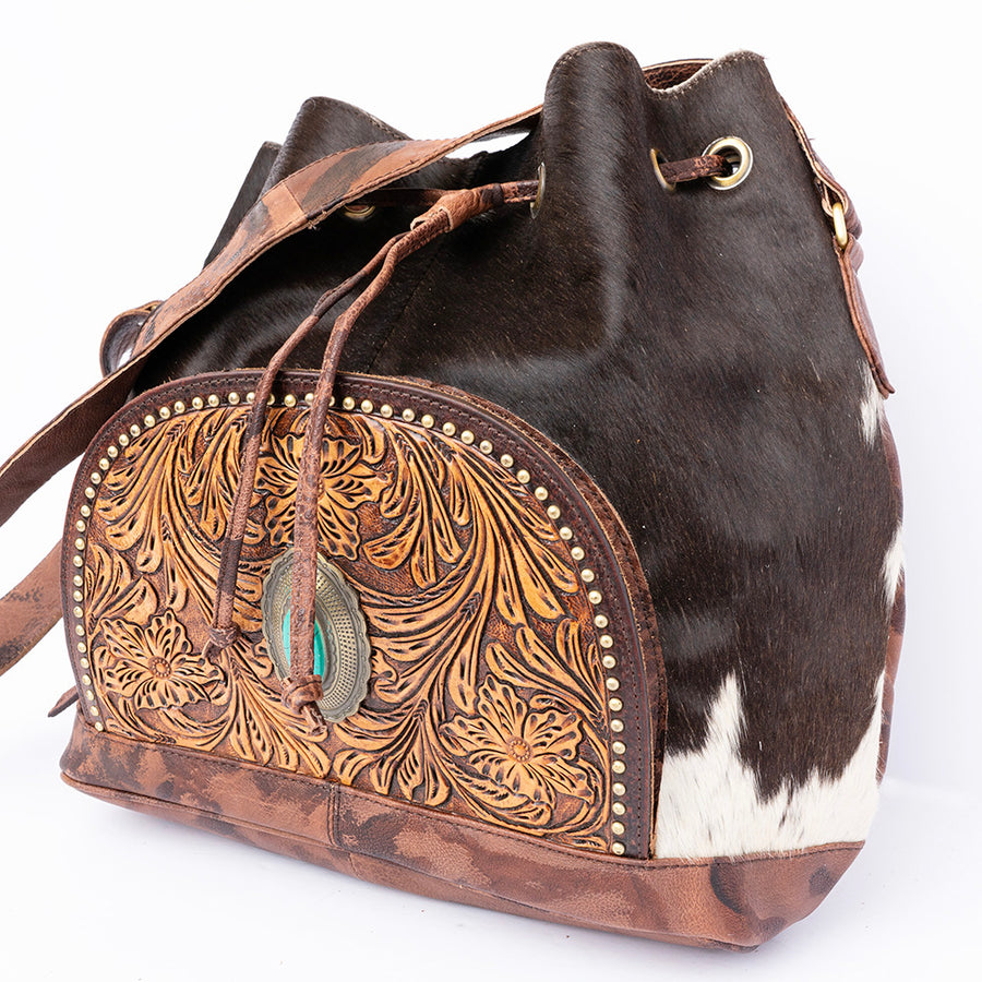 American Darling Western Hand-Tooled Floral Bucket Bag with Turquoise Stone and Cowhide - Uhorse