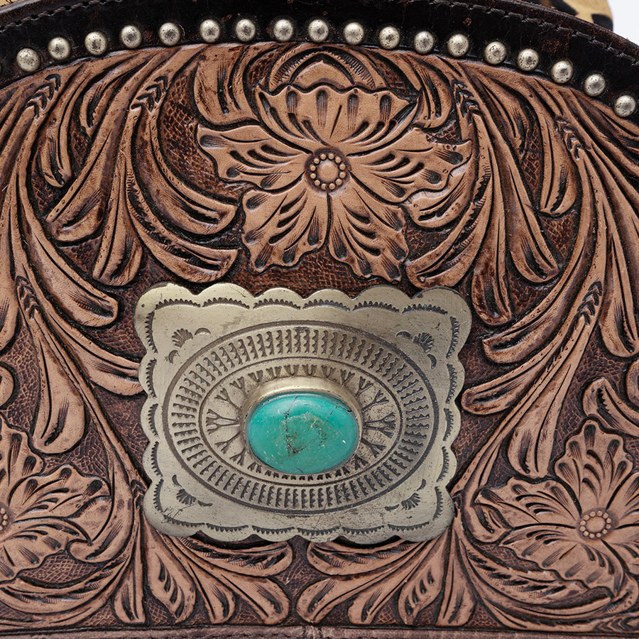 American Darling Bucket Bag, Hand-Tooled Floral Western Leather Purse, Hair-On Cowhide, Turquoise, 13in (H) X 5in (W) X 13in (D)