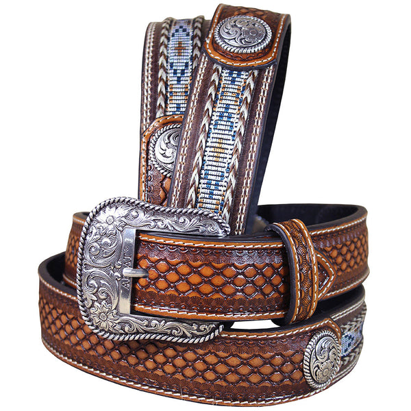 32-46 In W. Ariat Belt Leather Mens Basketweave Conchos Brown – by Hilason – Cowboy and equestrian accessories