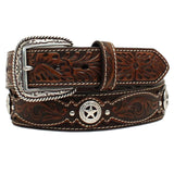 Ariat Western Mens Floral Embossed Cutout Star Conchos Genuine Leather Belt