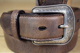 3D Rugged Brown Full-Grain Distressed Leather W. Belt & Silver Buckle