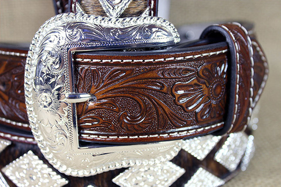 Western Nocona Leather Mens Belt Hair Diamond Conchos Dark Brown 32-46