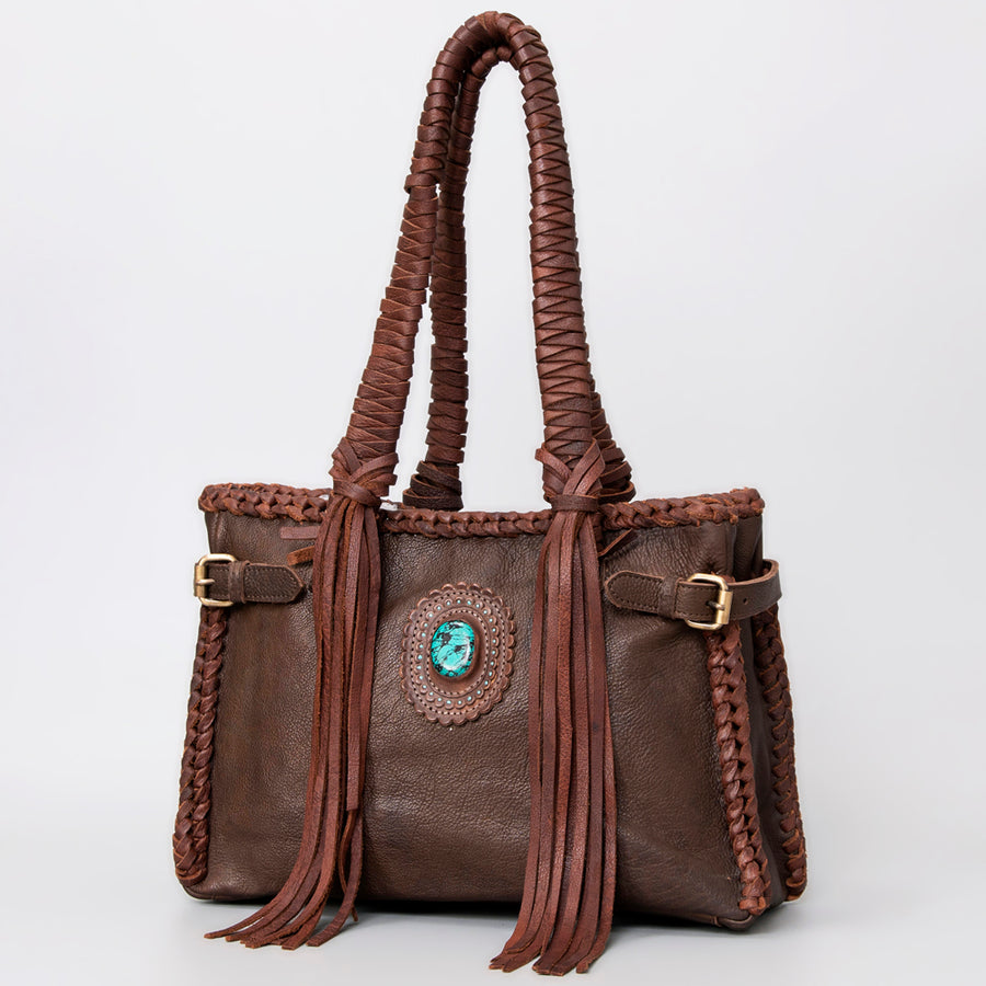 Brown leather shoulder bag with turquoise stone detail and fringe - Uhorse