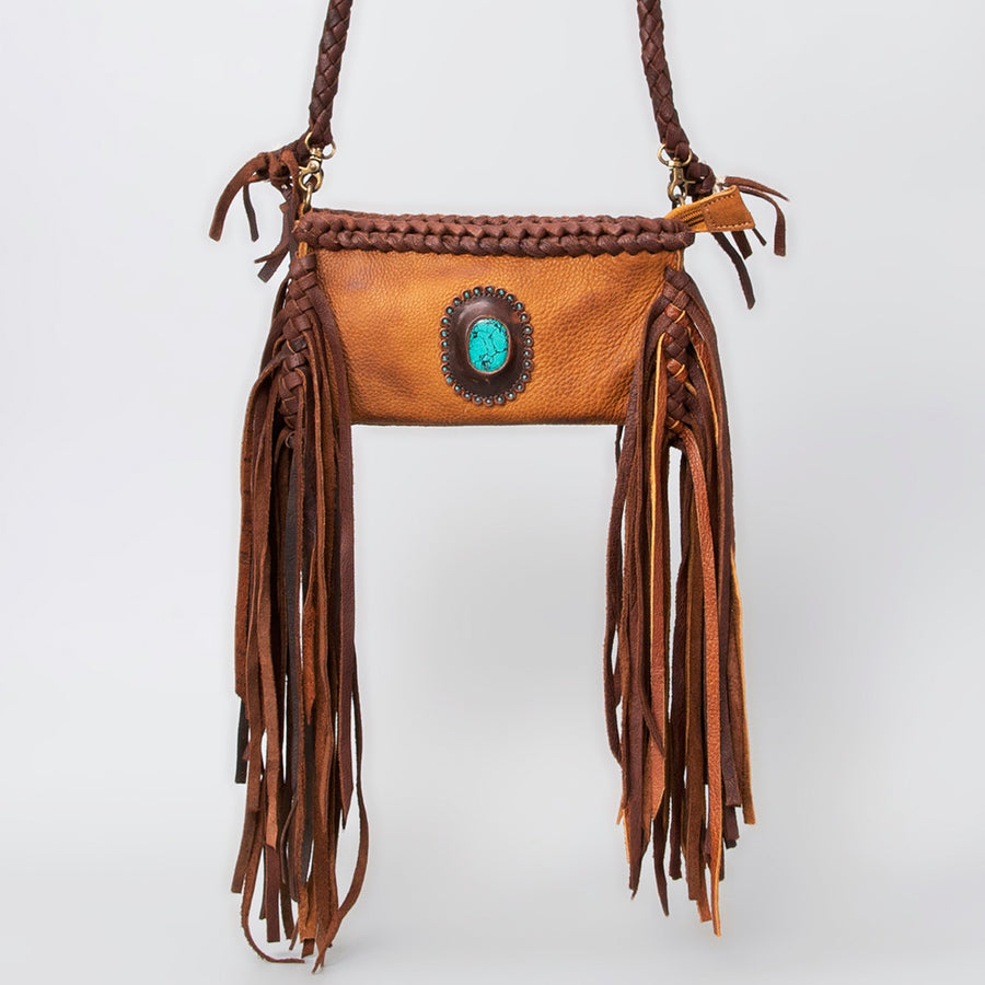 American Darling Small Cross body Bag Western Hair-On Cowhide Genuine Leather Handcrafted Purse with Fringes and Turquoise