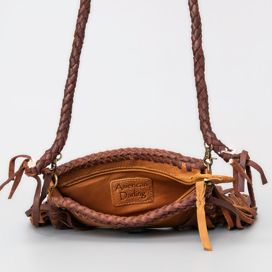 American Darling Small Cross body Bag Western Hair-On Cowhide Genuine Leather Handcrafted Purse with Fringes and Turquoise
