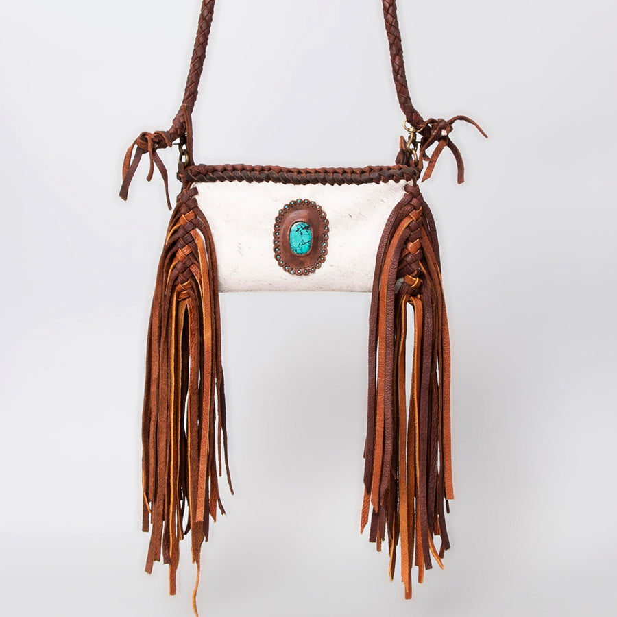 American Darling Small Cross body Bag Western Hair-On Cowhide Genuine Leather Handcrafted Purse with Fringes and Turquoise