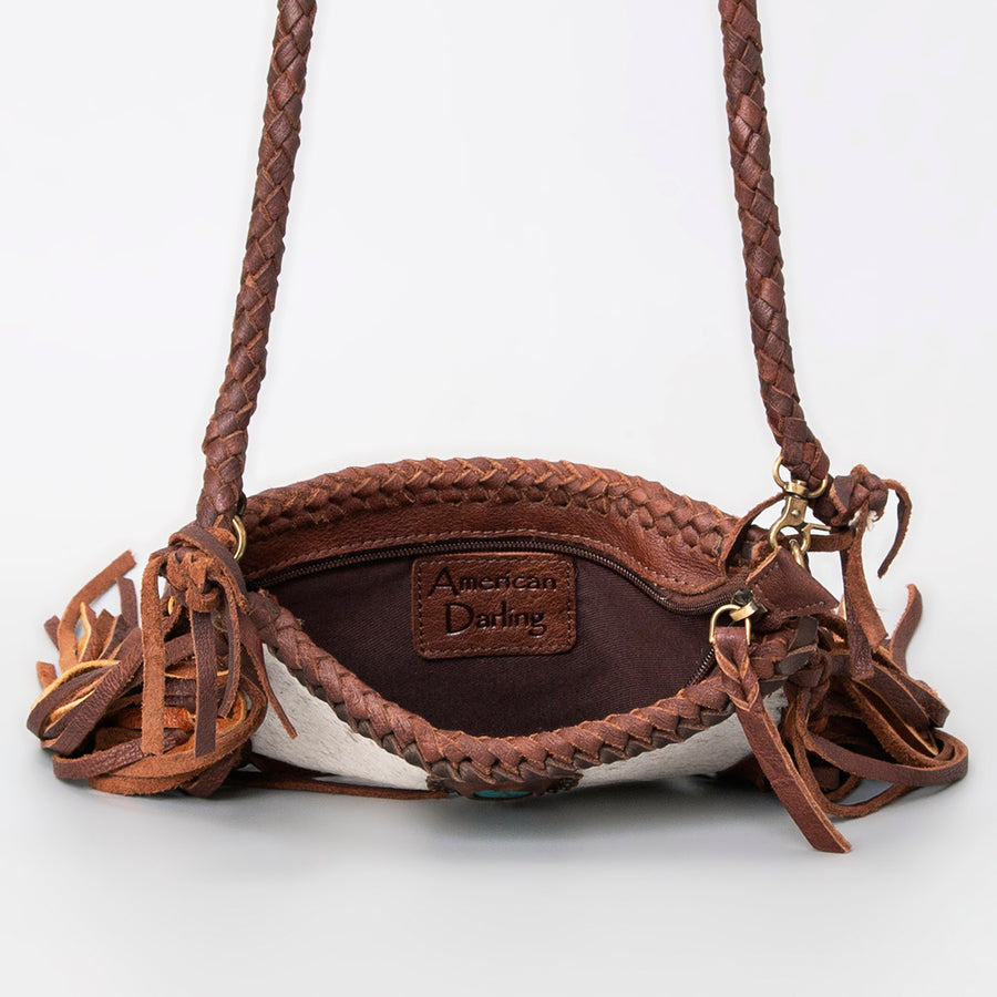 American Darling Small Cross body Bag Western Hair-On Cowhide Genuine Leather Handcrafted Purse with Fringes and Turquoise