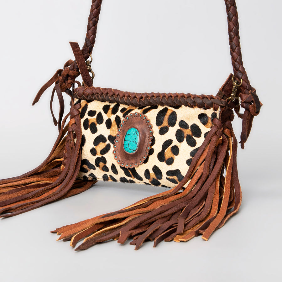 American Darling Small Cross body Bag Western Hair-On Cowhide Genuine Leather Handcrafted Purse with Fringes and Turquoise