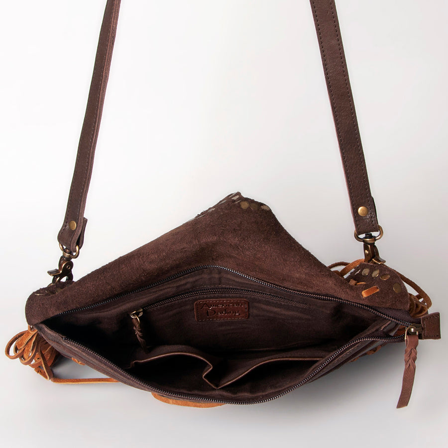 American Darling Small Cross body Bag Western Hand Tooled Floral Carved Genuine Leather Purse with Fringes and Braided Detail