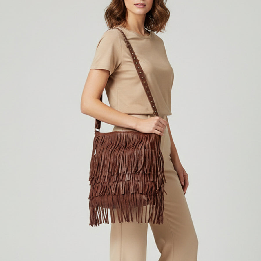 American Darling Large Cross body Bag Western Genuine Leather Handcrafted Purse with Fringes and YKK Zipper