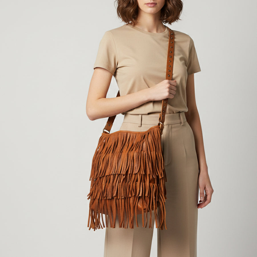 American Darling Large Cross body Bag Western Genuine Leather Handcrafted Purse with Fringes and YKK Zipper