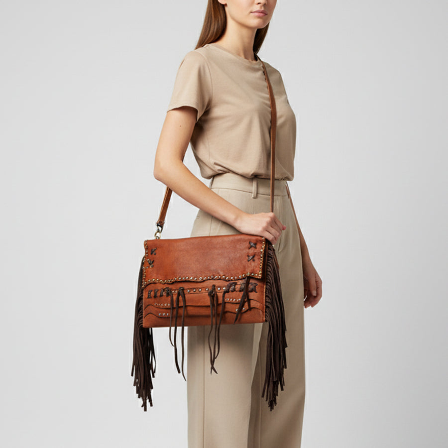 American Darling Small Cross body Bag Western Hand Tooled Floral Carved Genuine Leather Purse with Fringes and Braided Detail
