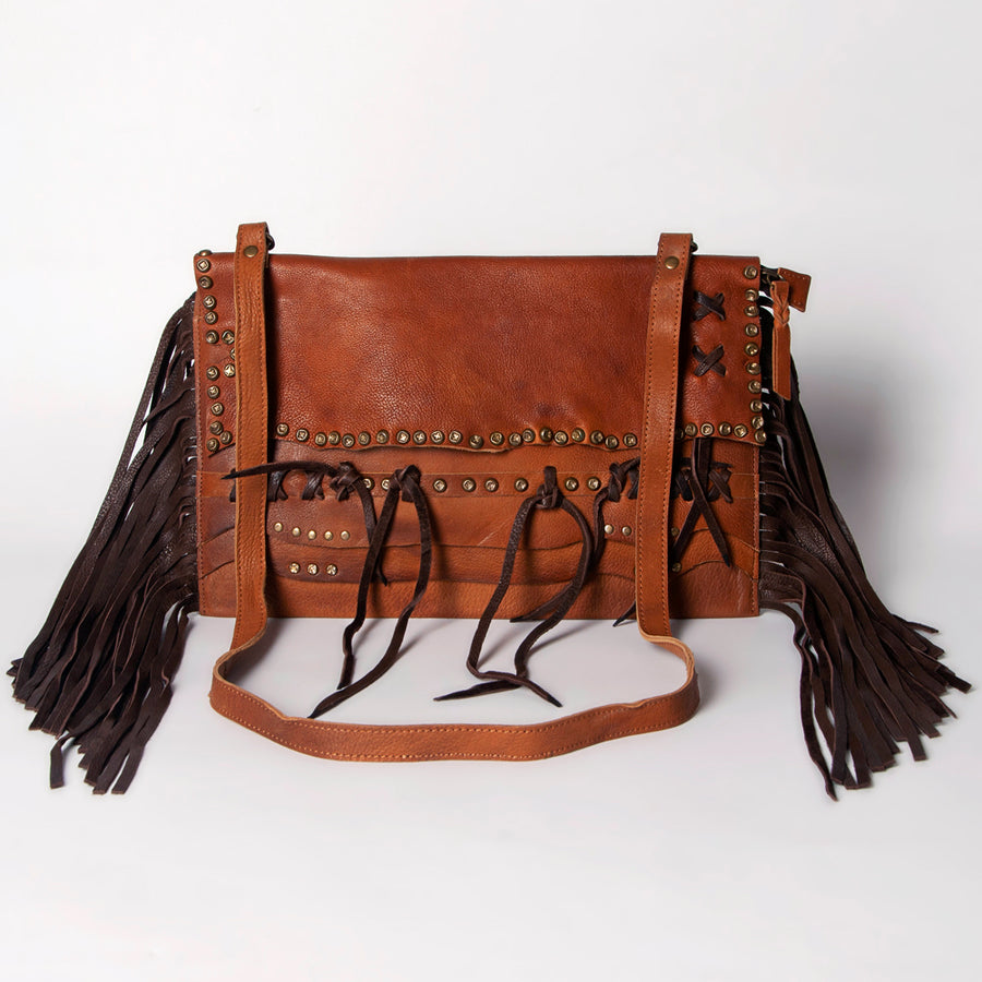 American Darling Small Cross body Bag Western Hand Tooled Floral Carved Genuine Leather Purse with Fringes and Braided Detail