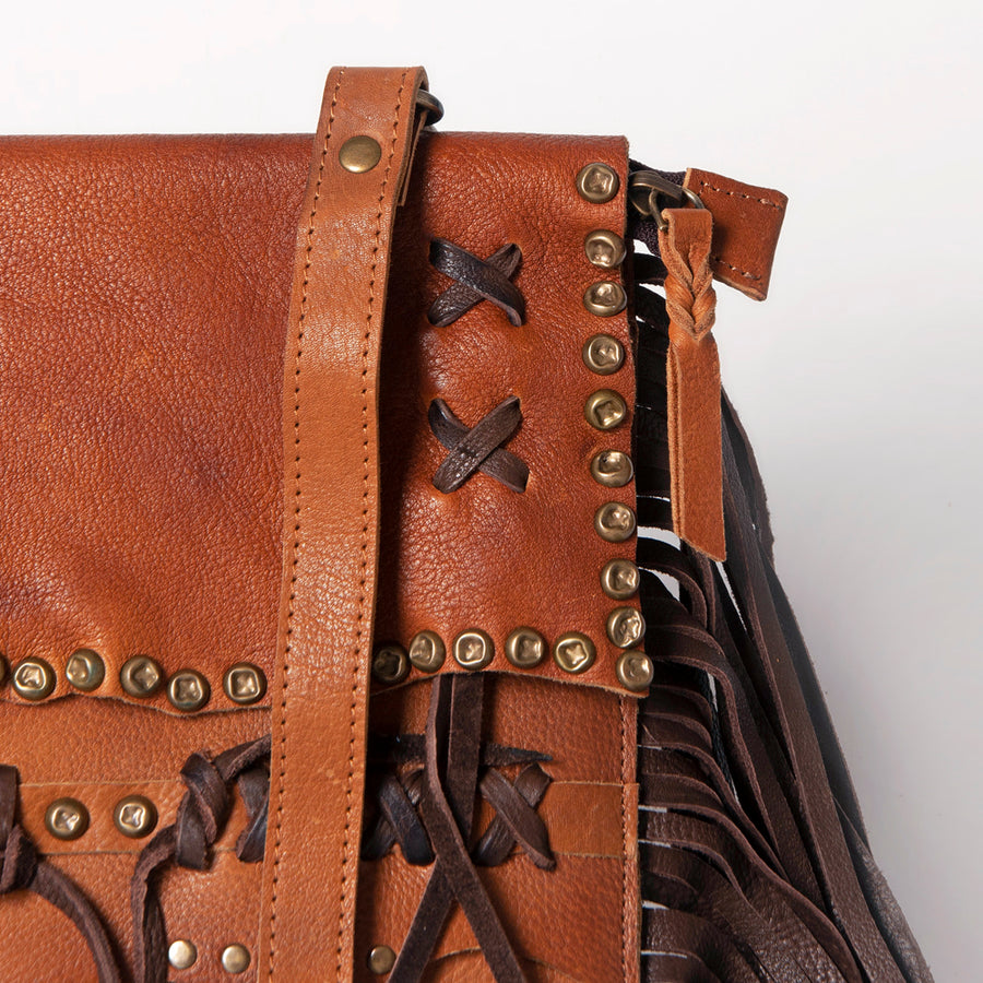 American Darling Small Cross body Bag Western Hand Tooled Floral Carved Genuine Leather Purse with Fringes and Braided Detail