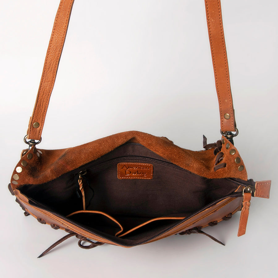 American Darling Small Cross body Bag Western Hand Tooled Floral Carved Genuine Leather Purse with Fringes and Braided Detail