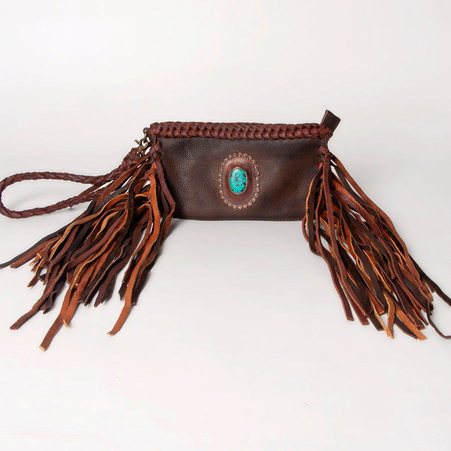 American Darling Clutch Bag Western Genuine Leather Handcrafted Purse with Fringes and Turquoise Stone