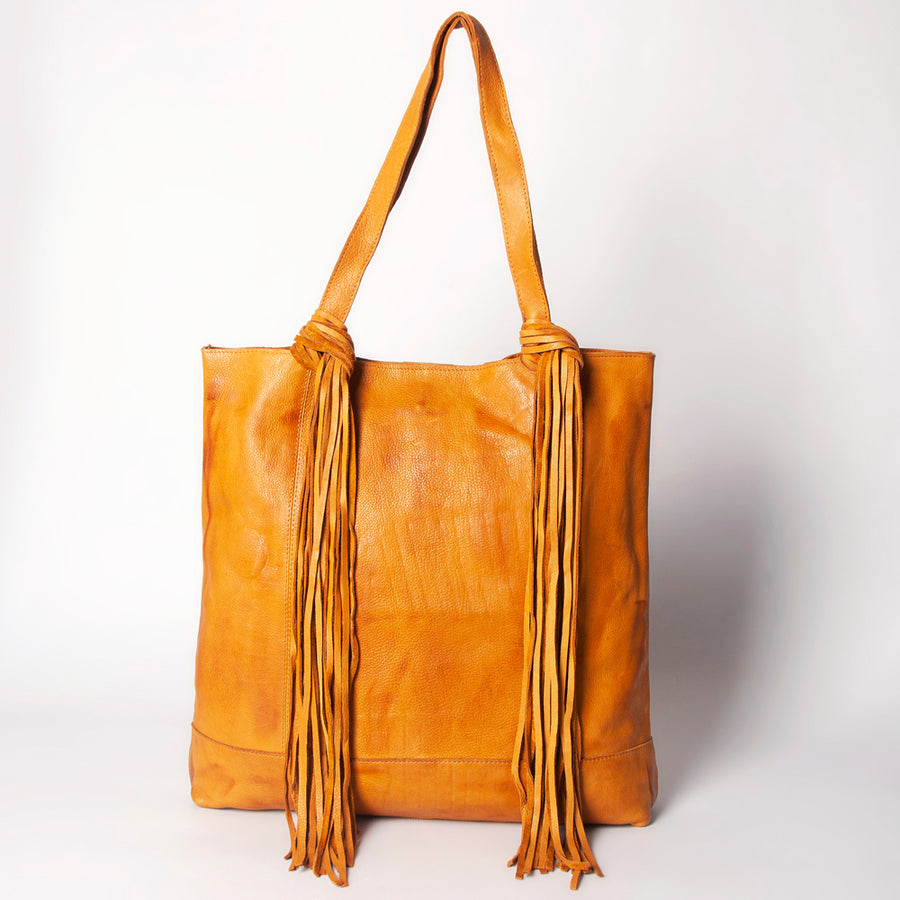 American Darling Tote Bag - Genuine Vegetable-Tanned Leather Western Purse with Fringes and YKK Zipper - 17x17in