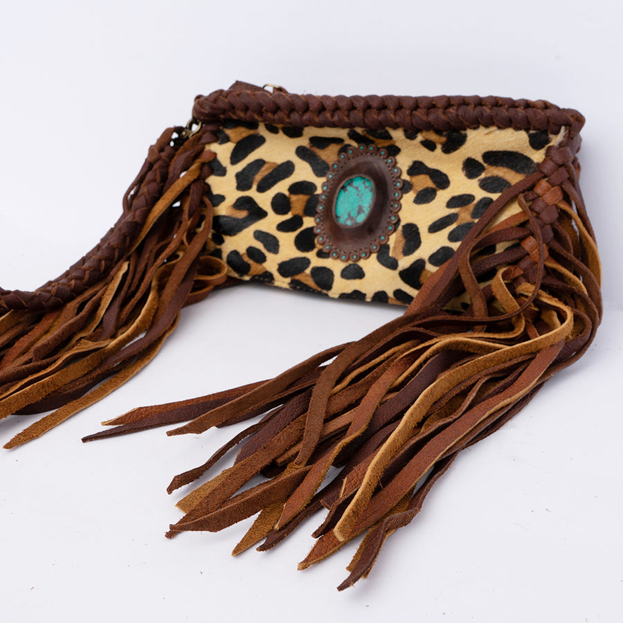 American Darling Clutch Bag Western Genuine Leather Handcrafted Purse with Fringes and Turquoise Stone
