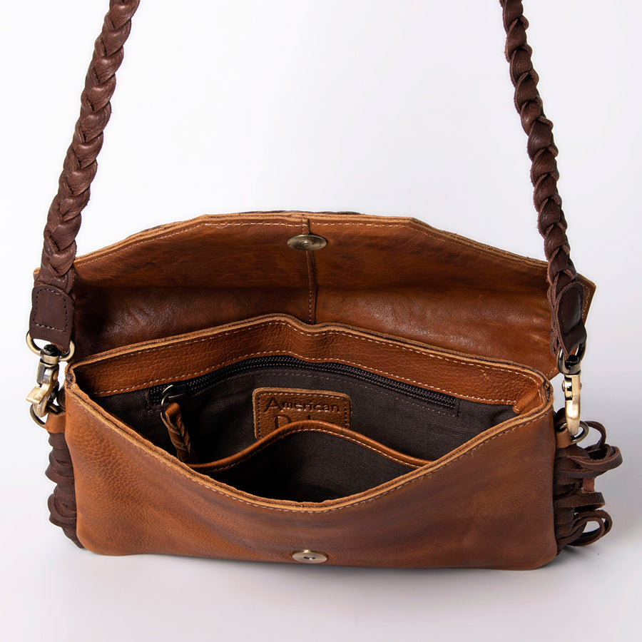 American Darling Envelope Western Genuine Leather Handcrafted Purse with Fringes and Braided Detail