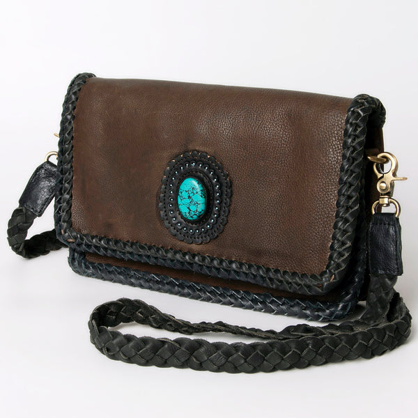 Brown leather shoulder bag with turquoise stone detail - Uhorse