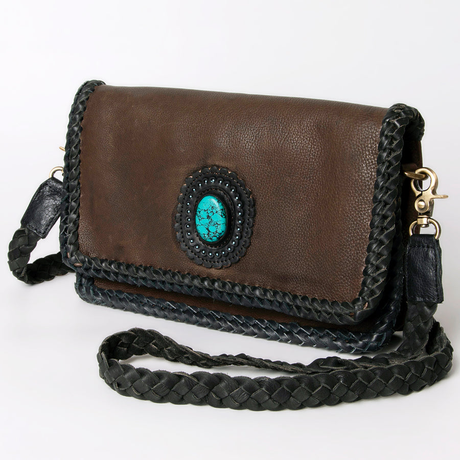 Brown leather shoulder bag with turquoise stone detail - Uhorse