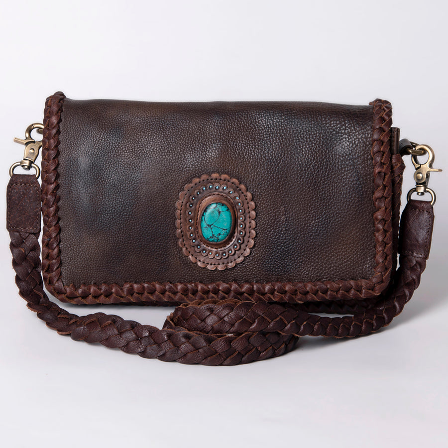 American Darling Wallet Western Genuine Leather Handcrafted Purse with Fringes, Braided Strap and Turquoise Stone