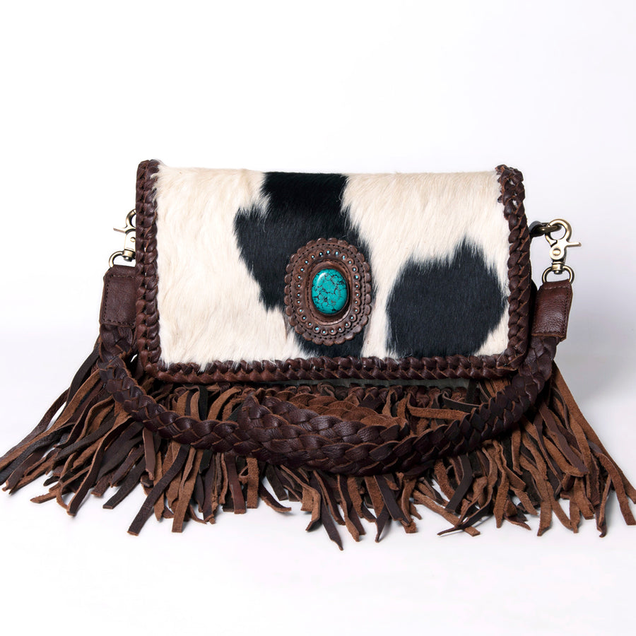 American Darling Wallet Western Genuine Leather Handcrafted Purse with Fringes, Braided Strap and Turquoise Stone