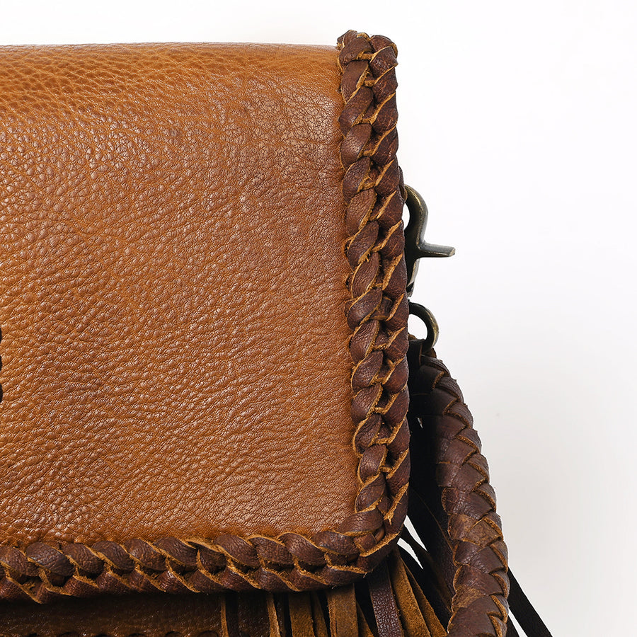 American Darling Wallet Western Genuine Leather Handcrafted Purse with Fringes, Braided Strap and Turquoise Stone