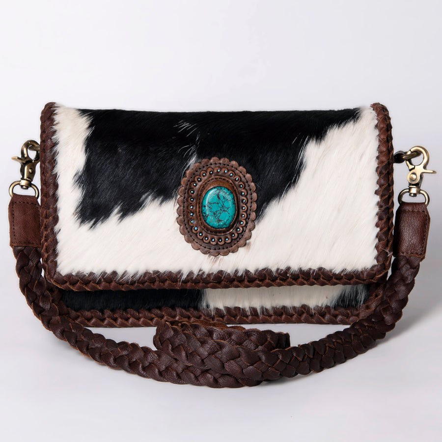 American Darling Wallet Western Genuine Leather Handcrafted Purse with Fringes, Braided Strap and Turquoise Stone