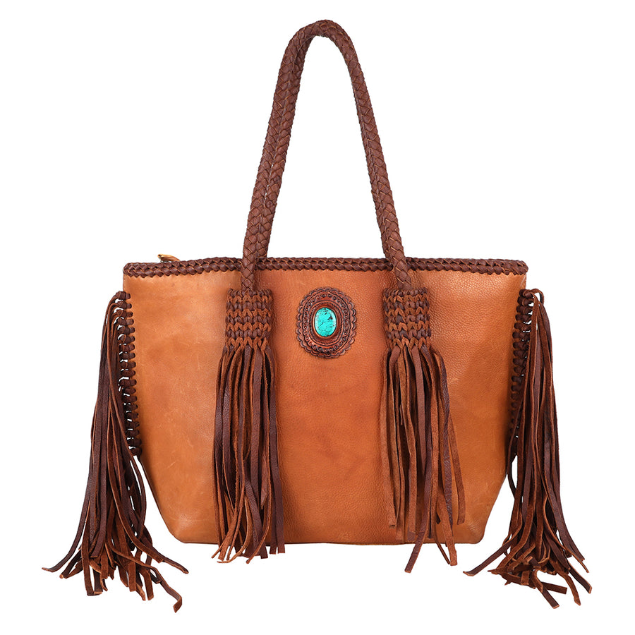 American Darling Tote Bag Western Genuine Leather Handcrafted Large Purse with Fringes and Braided Straps