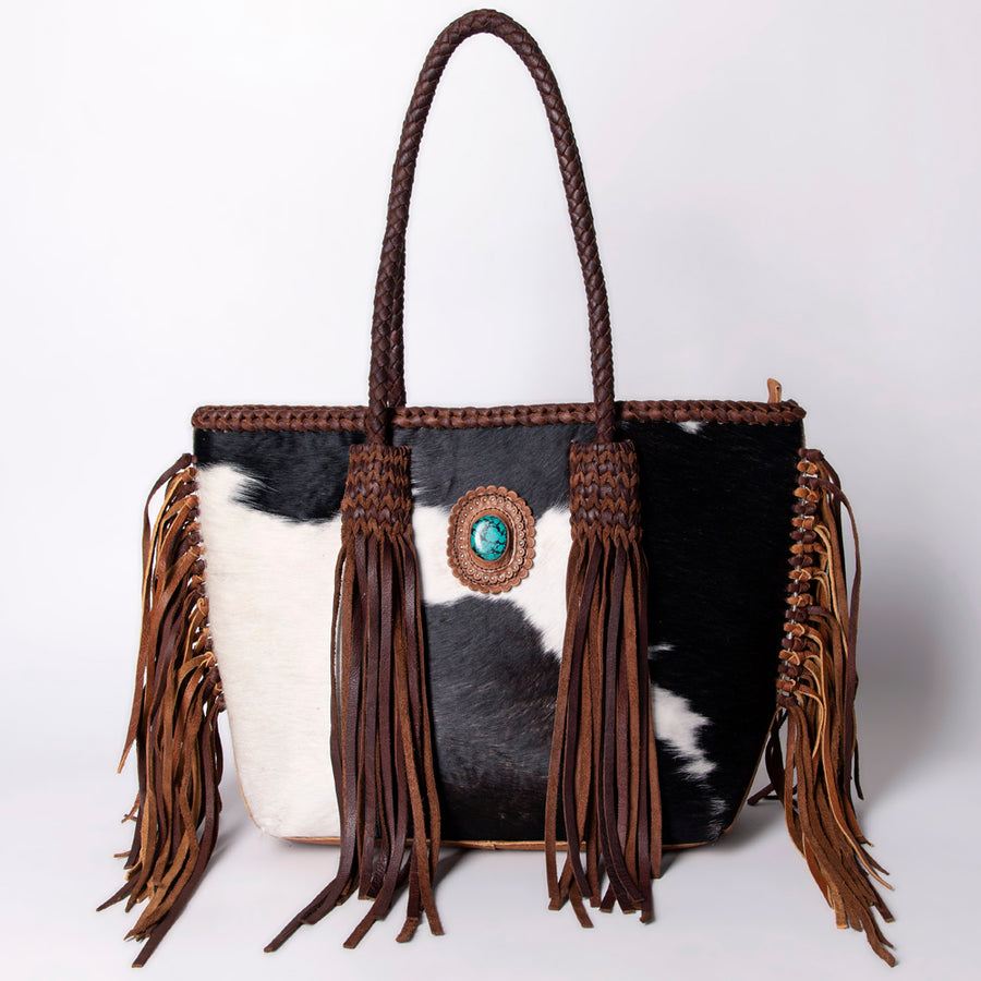 American Darling Tote Bag Western Hair-On Cowhide Genuine Leather Handcrafted Purse with Fringes and Braided Straps